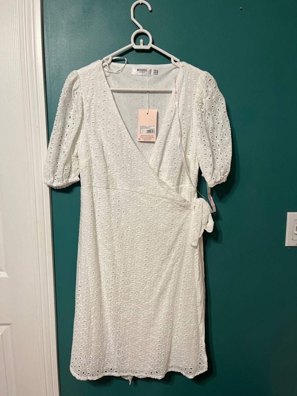 Missguided Maternity White Eyelet Wrap Dress with Puff Sleeves and Tie Waist